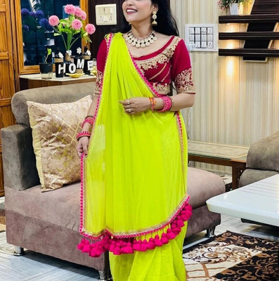 veerlaxmi Solid/Plain Chanderi Cotton Silk Saree(Light Green)