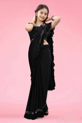 VRAJTEX FAB Embellished, Solid/Plain Bollywood Lycra Blend Saree(Black)