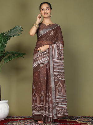 LeeliPeeri Designer Woven, Printed Hand Batik Cotton Silk Saree(Brown)