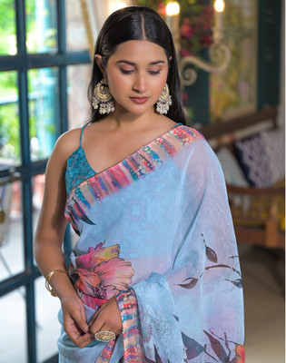 Satrani Floral Print, Printed Bollywood Georgette, Chiffon Saree(Light Blue)