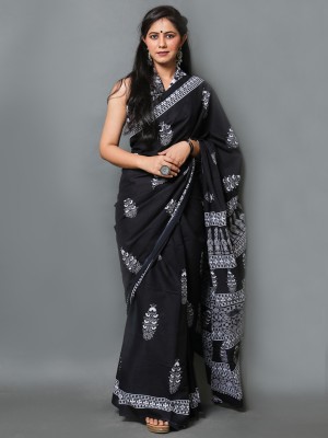 BUTA BUTI Floral Print Daily Wear Cotton Blend Saree(Black)