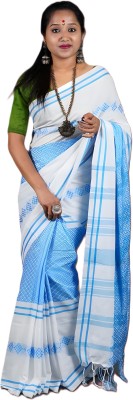 Rnn Self Design Handloom Pure Cotton Saree(Blue, White)