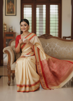 Tareninx Printed Sambalpuri Pure Cotton Saree(Cream, Red)