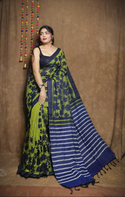 Joyguru Textile Printed Sambalpuri Cotton Blend Saree(Dark Green)