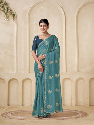 LAJEELEE Embroidered Bollywood Silk Blend Saree(Light Blue)