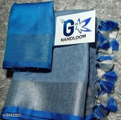 govind handloom Solid/Plain Bollywood Cotton Silk Saree(Blue)