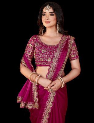 Vivan Fab Embellished Banarasi Silk Blend Saree(Magenta)