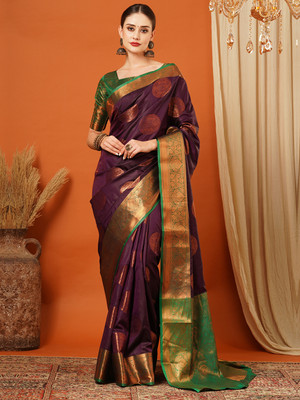 VILLAGIUS Checkered Kanjivaram Pure Silk Saree(Multicolor)