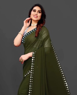 GAVUBAA Printed, Digital Print, Striped Bollywood Georgette Saree(Dark Green)