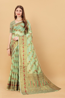 DURGA TEXTILE Printed, Self Design, Embellished, Woven, Animal Print, Blocked Printed Gadwal Jacquard, Cotton Blend Saree(Green)