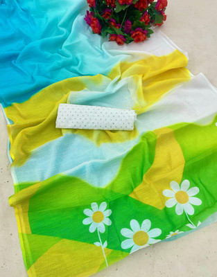 SHIVA Floral Print, Ombre, Printed Banarasi Cotton Linen Saree(Multicolor)