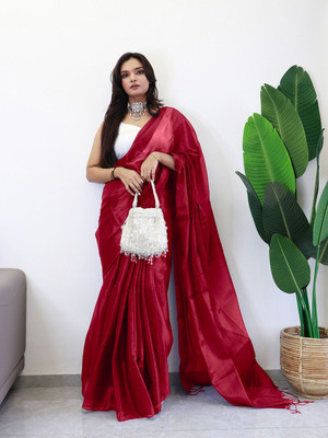 ANOUK Solid/Plain Saree with Attached Blouse Tissue Saree(Red)