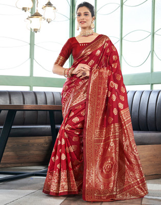 SIRIL Woven, Embellished Banarasi Silk Blend, Jacquard Saree(Red, Gold)