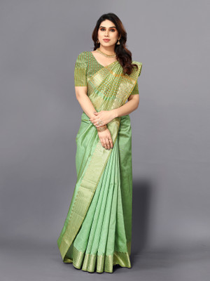 Sidhidata Solid/Plain, Temple Border Maheshwari Cotton Silk Saree(Light Green)