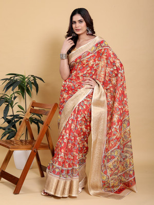 BINAKA FASHION Printed, Floral Print, Woven Daily Wear Jacquard, Cotton Linen Saree(Red)