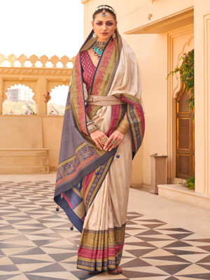 Tasrika Woven Banarasi Silk Blend Saree(Cream)