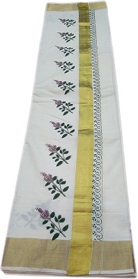 Kuthampully Printed Handloom Handloom Pure Cotton Saree(White)