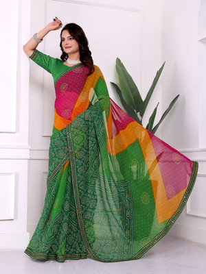 Anmi Printed Bandhani Georgette Saree(Green)