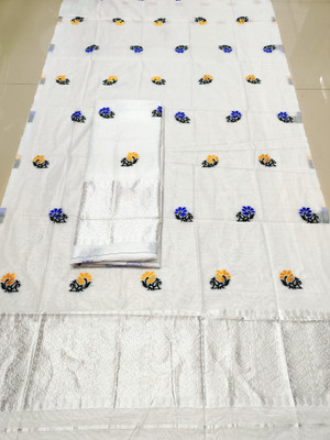 AREEVANZ Self Design Mekhela Chador Cotton Blend Saree(White)