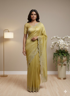 Sudev fashion Embellished Saree with Attached Blouse Net Saree(Beige)