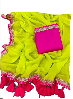 ZENFAB THREADS Self Design, Embroidered Bollywood Georgette Saree(Green)