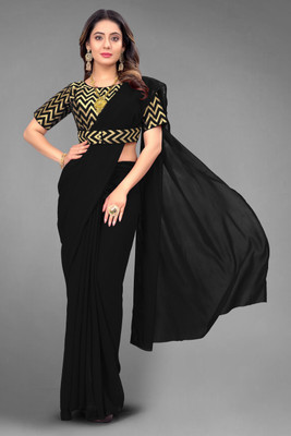 Tejal Creation Self Design Bollywood Georgette Saree(Black)