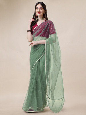 Sangria Embellished Daily Wear Net Saree(Green)