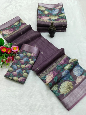 HouseOfCommon Printed Kanjivaram Pure Cotton, Cotton Linen Saree(Purple)