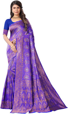 Hinayat Fashion Self Design, Printed, Embroidered, Embellished, Woven Kanjivaram Silk Blend, Jacquard Saree(Light Blue)