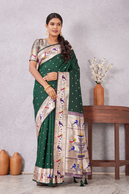 Heirlooms Woven Paithani Pure Silk Saree(Dark Green)