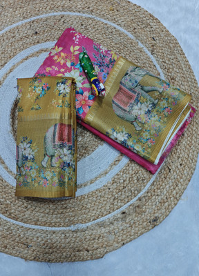 AAINA CREATION Printed Bollywood Silk Blend Saree(Pink, Yellow)