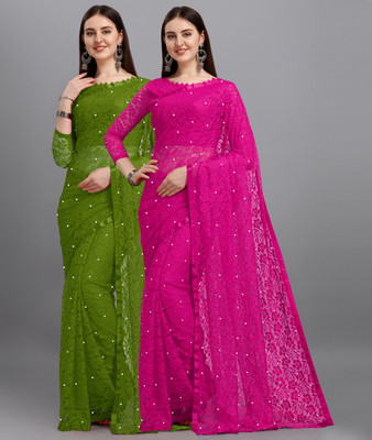LOROFY Self Design Bollywood Net, Brasso Saree(Pack of 2, Multicolor)
