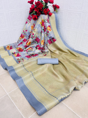 Gugaliya Floral Print Mysore Cotton Blend, Art Silk Saree(Multicolor)