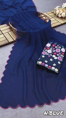 PIYA DESIGNER Solid/Plain Madhubani Georgette Saree(Dark Blue)
