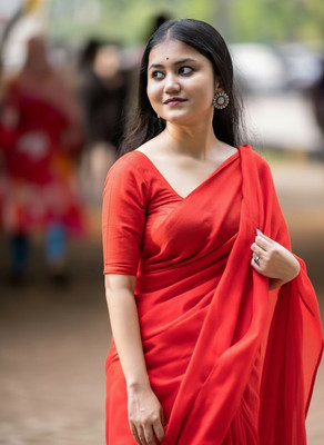 Moda Rapido Solid/Plain, Dyed Bollywood Georgette Saree(Red)