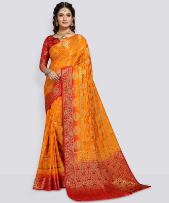 Rupatika Woven Banarasi Pure Silk, Cotton Silk Saree(Red, Yellow)