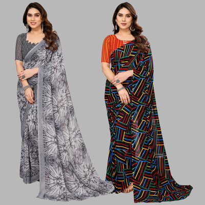 Anmi Self Design, Printed Daily Wear Georgette Saree(Pack of 2, Grey, Multicolor)