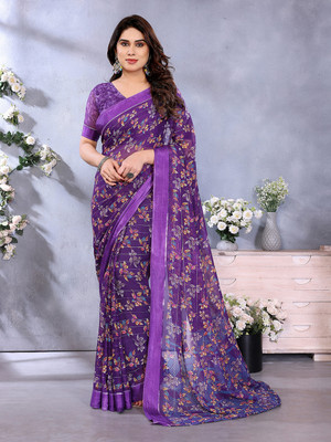 Moda Rapido Embellished, Floral Print Bollywood Georgette, Satin Saree(Purple)