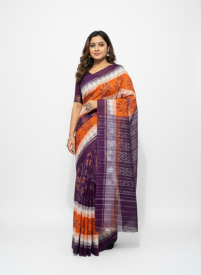Sharxmi Legacy Woven, Striped Ikkat Cotton Jute Saree(Purple, Orange)