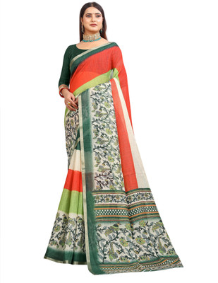 VISHNU Printed Kanjivaram Pure Cotton, Cotton Linen Saree(Green)