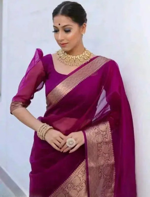 Ss sarees Solid/Plain, Woven, Striped Banarasi Organza Saree(Purple)