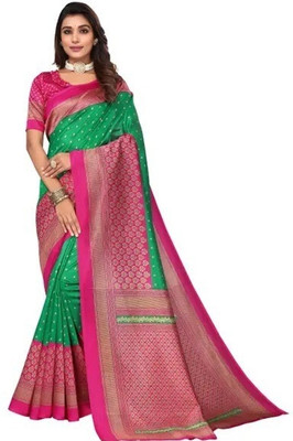 SVB Sarees Printed Assam Silk Art Silk Saree(Green, Pink)