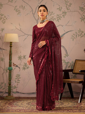 Shae by SASSAFRAS Embellished Bollywood Polyester Saree(Maroon)