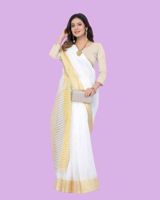 shree laxmi Woven Kasavu Pure Cotton Saree(White)