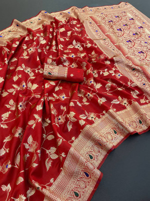 GATISHVAM TEXTILE Woven, Floral Print, Self Design Banarasi Art Silk Saree(Red)