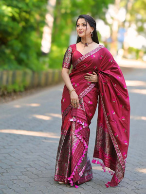 Ramani brothers Woven Mekhela Chador Pure Silk Saree(Red)