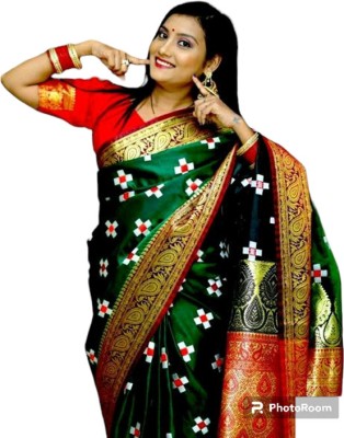 EMCOSAREE Embroidered Sambalpuri Satin Saree(Dark Green)