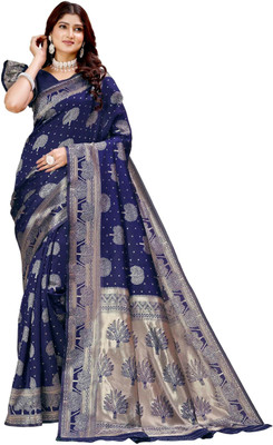 SETUDI Woven, Floral Print Kanjivaram Jacquard Saree(Dark Blue)