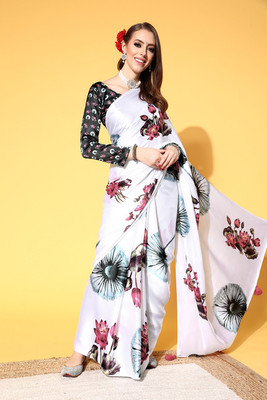 Divastri Printed Bollywood Satin Saree(White)