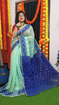 HouseOfCommon Printed Jamdani Cotton Silk Saree(Light Green, Blue)